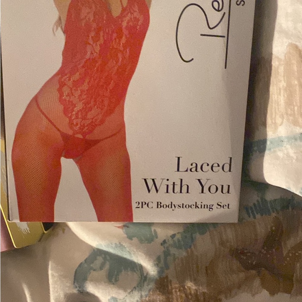 Rene Rofe Red Lace Bodystocking Set